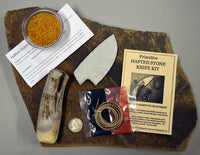 antler handle stone blade knife kit with rawhide hafting and ochre
