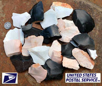 large box of small stone spalls and rock flakes for flintknapping material