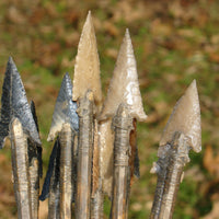 stone arrowhead points hafted with sinew and animal hide glue