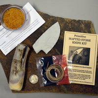 antler handle stone blade knife kit with rawhide hafting and ochre
