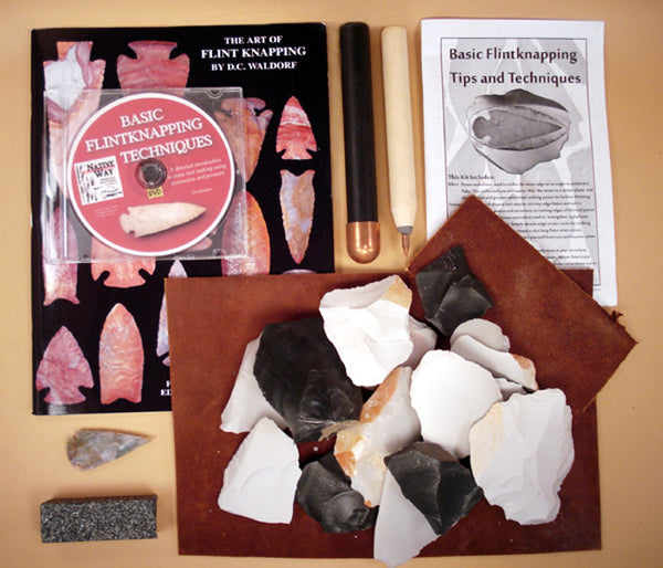 flintknapping supplies kit with tools, stone, book, instructions, dvd and leather pad